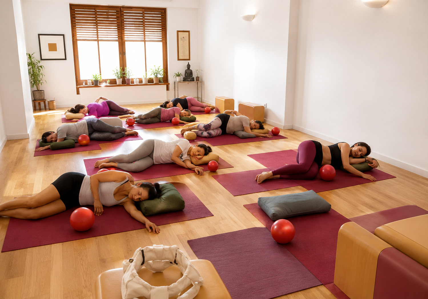 En nuestras clases de yoga para embarazadas trabajamos respiraciones que abren espacio, secuencias suaves para descargar lumbares y caderas, y estiramientos seguros para hombros y cuello.