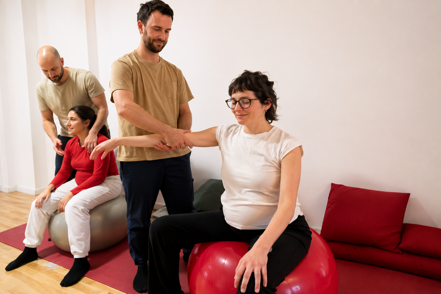 En nuestras clases de yoga para embarazadas trabajamos respiraciones que abren espacio, secuencias suaves para descargar lumbares y caderas, y estiramientos seguros para hombros y cuello.